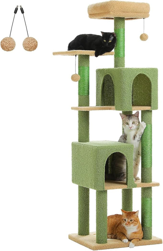 Cactus Cat Tree, 62-Inch Tall Multi-Level Cat Tower with Scratching Posts, Cat Condos for Large Indoor Cats, Plush Cat Bed w/Padded Perches, Scratching Pad & 2 Green Pompoms, Green