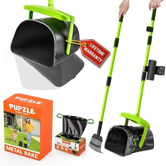 Dog Pooper Scooper with Bag Attachment, 40" Long Handle Pooper Scooper for Large Dogs, Dog Poop Scoop for Yard, Large Capacity Swivel Bin and Rake, Lavender Scented Bags (Green)