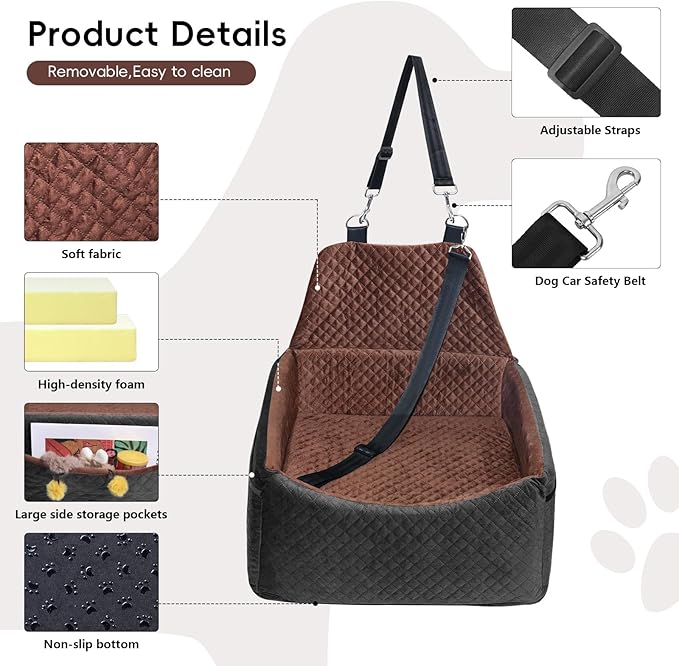 Dog Car Seat for Small Medium Dogs, Soft Fabric Dog Booster Seat with Storage Pockets, Safety Belt, Comfy Pet Car Seat Travel Bed, Removable and Washable