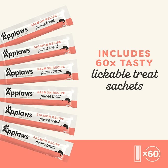Applaws Lickable Cat Treats, Natural Grain-Free Purée, Limited Ingredient, Salmon Squeeze Up Cat Treats (60 x 0.5 oz Sachets)