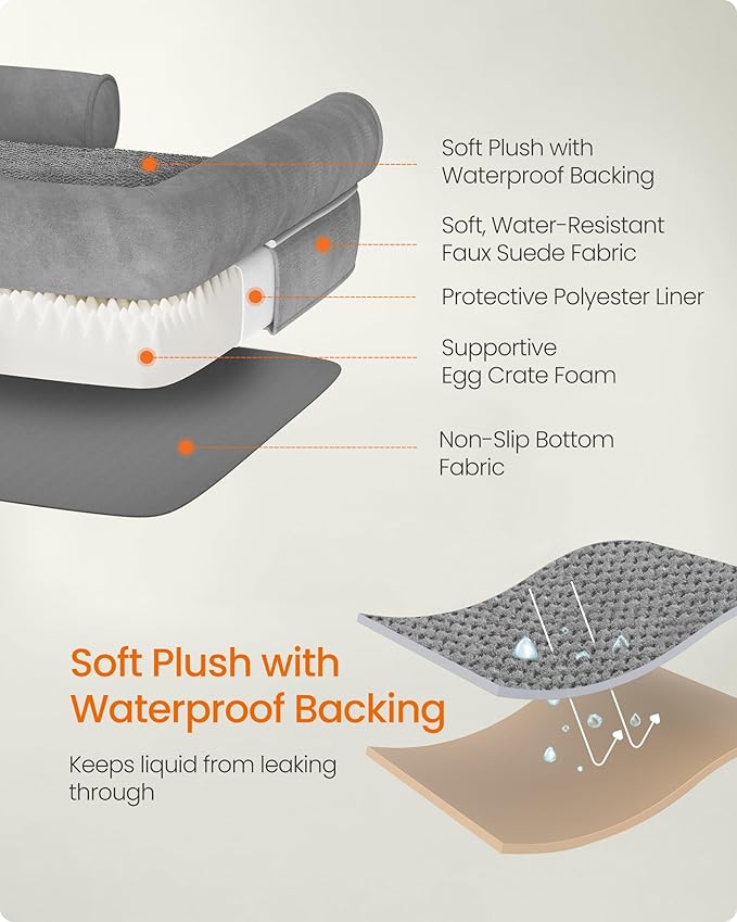 Feandrea Orthopedic Dog Bed, Large Dog Bed Waterproof, Removable Washable Cover Sofa with Non-Slip Bottom, Raised Edges, 48 x 33 x 8 Inches, Light Gray UPGW078G02V1