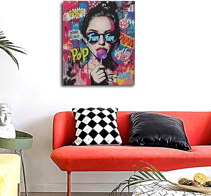 Fashion Women Wall Art Glam Modern Artwork for Girls Banksy Street Graffiti Pop Art Canvas Pictures Painting Print Framed Decorations Gifts for Bedroom Living Room Office 20"x24"