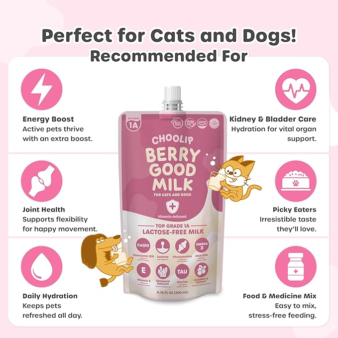 Berry Good Milk is a Lactose-Free, Vitamin-Infused Drink for Cats and Dogs. It Supports Urinary Health, Digestion, and Joint Function. Free from antibiotics, Grains, and Gluten.