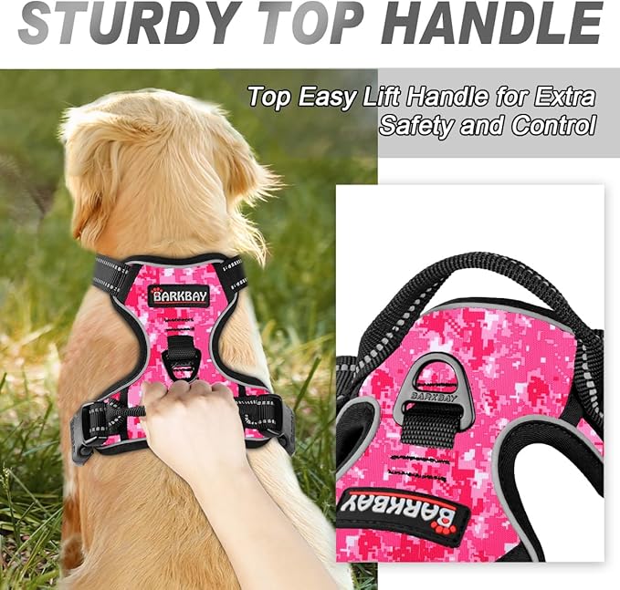 BARKBAY No Pull Dog Harness Front Clip Heavy Duty Reflective Easy Control Handle for Large Dog Walking(Pink camo,XL)
