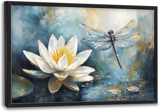 Extra Large Lotus Dragonfly Framed Wall Art for Living Room,Abstract Blue Lotus Flower Lake Pictures Wall Decor,Nature Canvas Print Painting Modern Artwork Bedroom Office Bathroom 36L" x 24W"