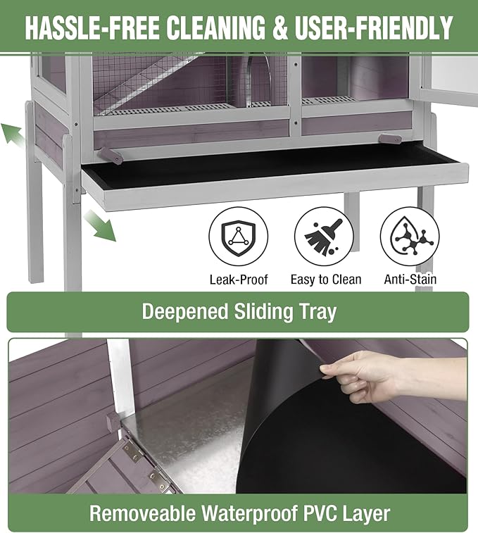 GUTINNEEN Guinea Pig Cage Rabbit Cage Indoor with Chew-Proof Edges, Clean Deep Tray, Leakproof PVC Layer, Small Animals Cage with Adjustable Legs - Grey