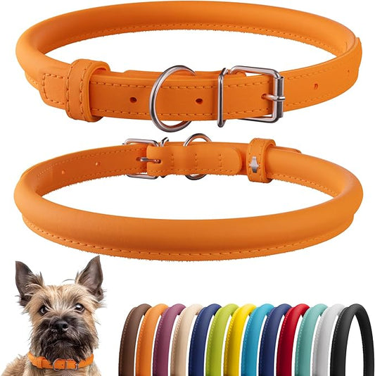 CollarDirect Rolled Leather Dog Collar, Soft Padded Round Puppy Collar, Handmade Genuine Leather Collar Dog Small Large Cat Collars 13 Colors (6-7 Inch, Orange Smooth)