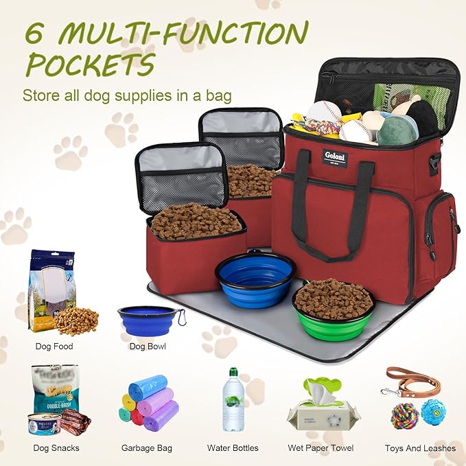 Dog Travel Bag Airline Approved–Pet Travel Tote with Collapsible Bowls,Food Containers & Feeding Mat–Multi-Pocket Organizer for Dogs & Cats, Durable & Water-Resistant for Hiking,Trips,Outdoors
