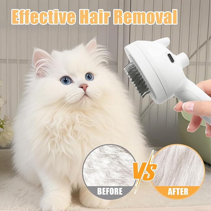 Cat Steam Brush for Shedding, Pet Steam Brush for Dog with Release Button,Anti-Static Pet Spray Hair Removal Comb,Cat Spray Comb for Long & Short Haired Pets,White