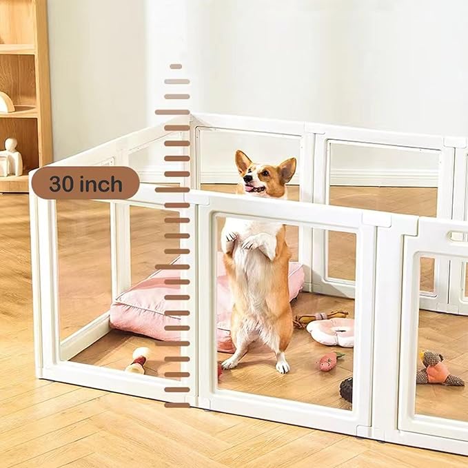 Clear Acrylic Dog Playpen Transparent Dog Playpen Indoor, Easy Assemble Clear Pet Pen for Puppy Bunny Cat Pig, Sturdy & Easy Cleaning Plastic Dog Puppy Fence (30" H, 10PCS)