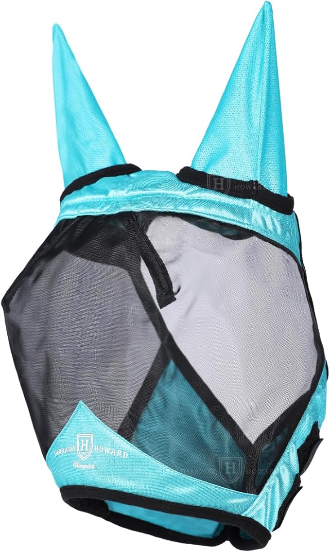 Harrison Howard Pro Luminous Horse Half Face Fly Mask Large Eye Space with Ears UV Protection for Horse Teal M