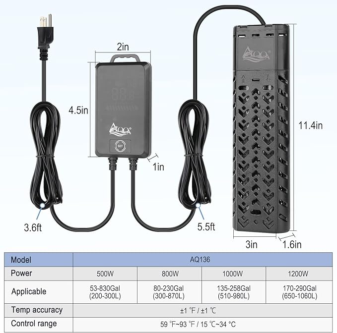 AQQA 1000W Fish Tank Heater 135-258 Gallon Submersible Aquarium Heater Quartz Glass Betta Fish Heater for Aquarium Thermostat Heater for Freshwater and Saltwater (AQ136-1000W for 135-258Gal)