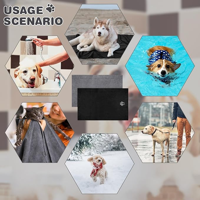 Chumia 4 Pack Dog Towels for Drying Large Microfiber Grooming Tools Absorbent Soft Bath Supplies with Embroidered Paw for Small Medium Pet Products(16 x 32 Inch,Gray, Black)