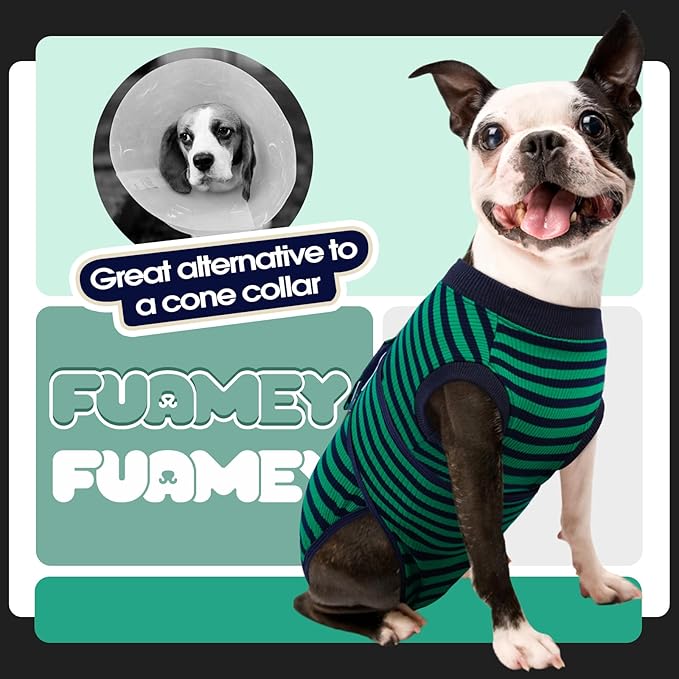 FUAMEY Recovery Suit for Dogs After Surgery,Soft Breathable Dog Bodysuit E-Collar & Cone Alternative Surgical Suit,Male Female Dog Neuter Spay Suits Anti Licking Wounds Onesie Green Black Stripes M