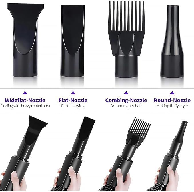 2400w 75m/s Dog Dryer for Pet Grooming, High Velocity Pet Hair Dryer with Heater, Adjustable Speed, 4 Nozzles and a Comb, Purple