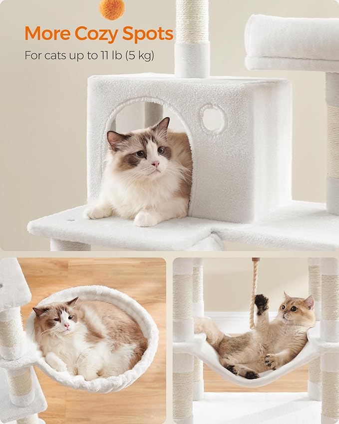 Feandrea Cat Tree, 66.1-Inch Large Cat Tower with 13 Scratching Posts, 2 Perches, 2 Caves, Basket, Hammock, Pompoms, Multi-Level Plush Cat Condo for Indoor Cats, Cream White UPCT165T01