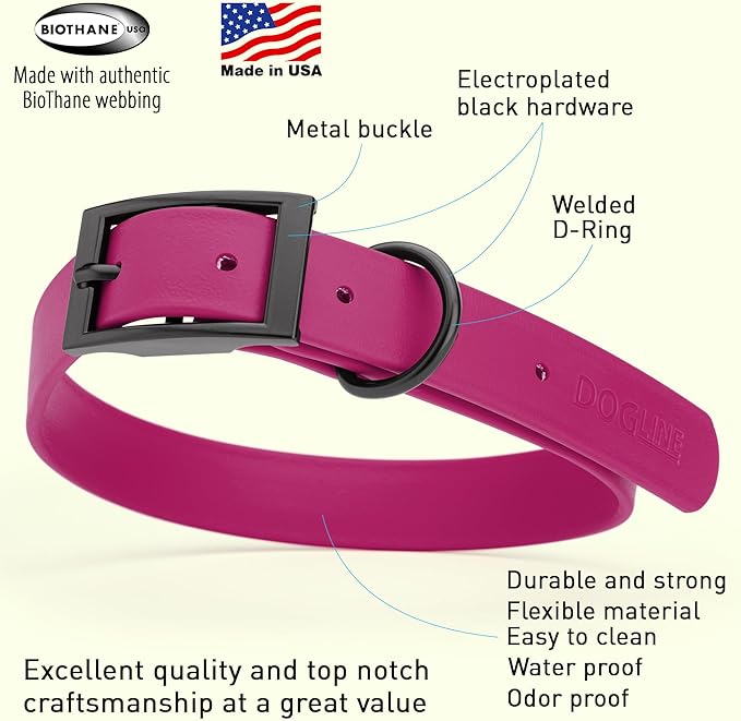 Dogline Biothane Waterproof Dog Collar Strong Coated Nylon Webbing with Black Hardware Odor- Proof for Easy Care Easy to Clean High Performance Fits Small Medium or Large Dogs, Magenta Pink