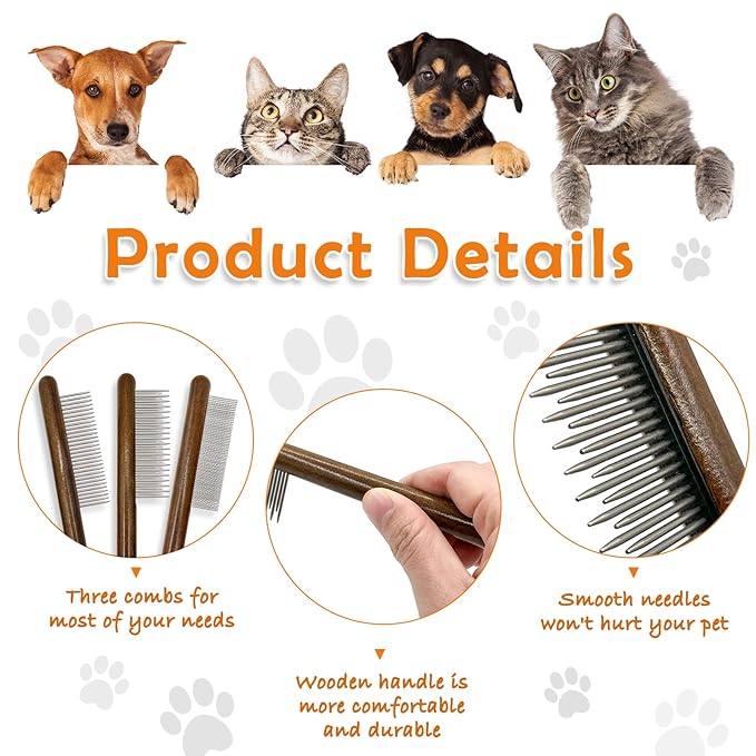 3 Pack Solid Wood Cat Combs, Stainless Steel Teeth for Cat Dog Rabbit Massage, Flea Lice Comb Removes Mats, Tangles and Loose Fur, Grooming Comb for Small Medium Pets