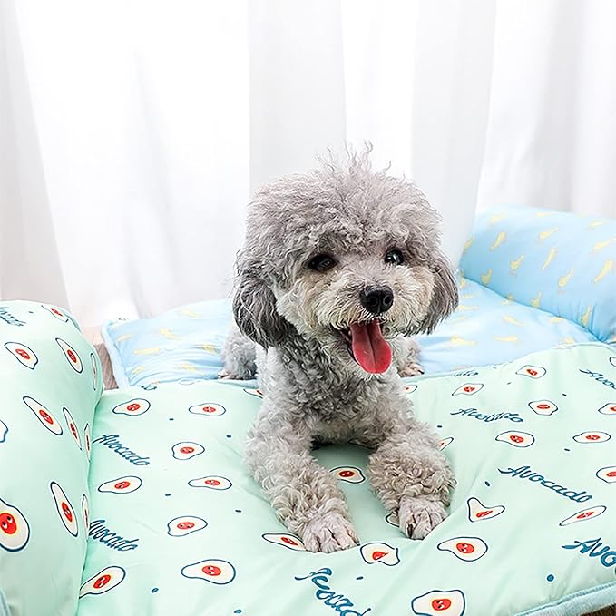 PUMYPOREITY Cooling Dog Bed, Pet Cooling Mat with Pillow, Ice Silk Cooling Dog Blanket, Self Cooling Pad for Cat,Dog, Washable Summer Pet Mat for Kennel, Crates, Sofa, Floor, Blue, L