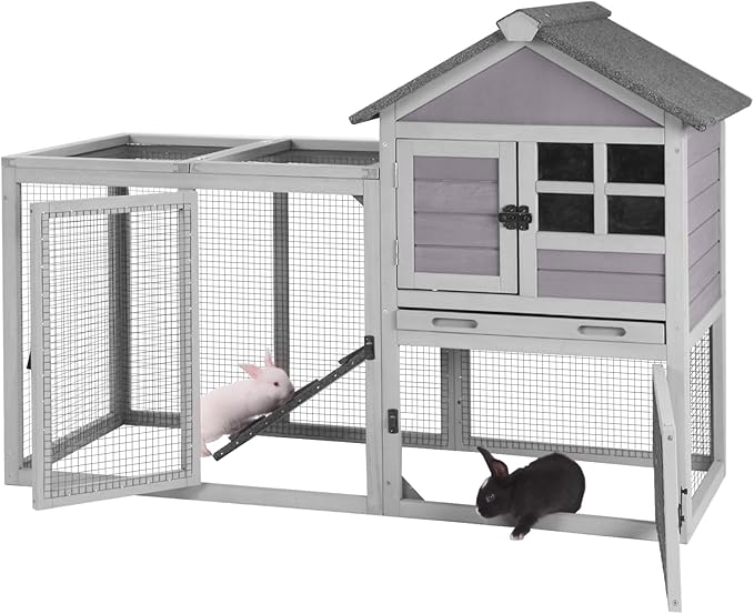 GUTINNEEN Rabbit Hutch Indoor Chicken Coop Outdoor, 51.6''L 2 Story Bunny Cage Weatherproof, Guinea Pig House with Run (Grey)