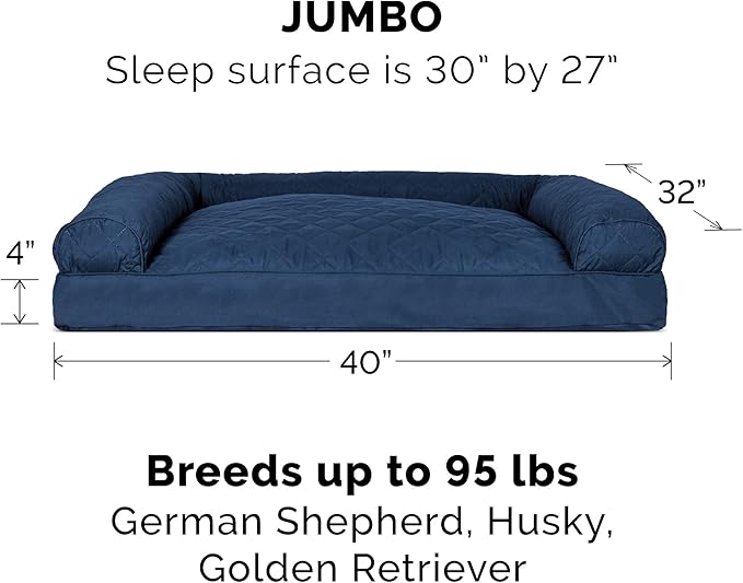 Furhaven Pillow Dog Bed for Large Dogs w/ Removable Bolsters & Washable Cover - Quilted Sofa - Navy (Blue), Jumbo/XL