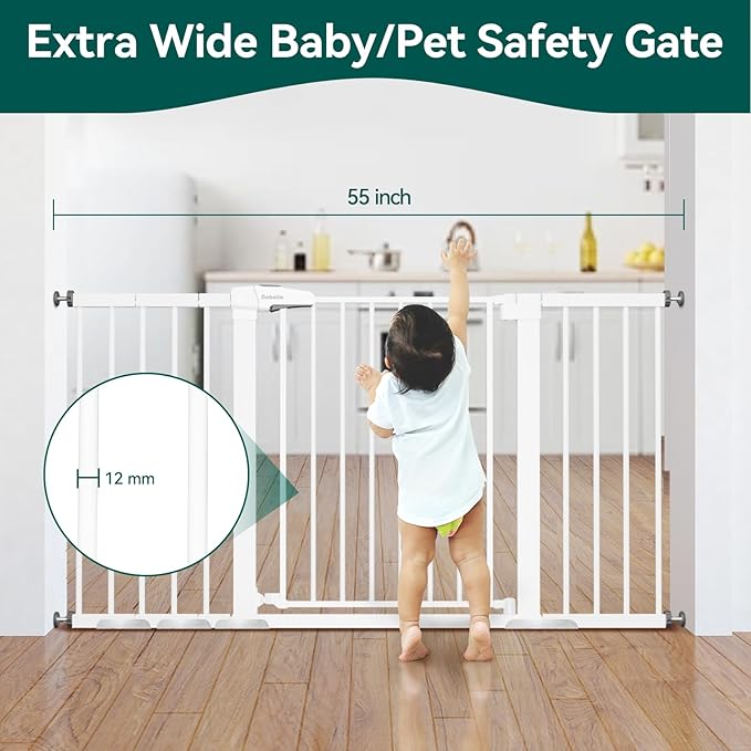 BABELIO 29-55 Inch Extra Wide Baby/Dog Gate, Metal Auto Close, Pressure Mounted Pet Door for Doorways, NO Need Tools and Drilling, with Wall Cups, White