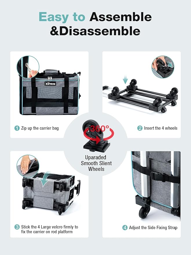 Cat Dog Carrier with Wheels Airline Approved Rolling Pet Carrier with Telescopic Handle, Shoulder Strap and Pet Bowl, Grey