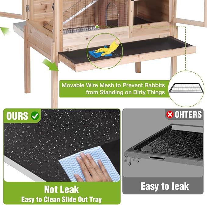 GUTINNEEN Indoor Guinea Pig Cages - Wooden Rabbit Cage Bunny Hutch with Chew-Proof Ramp, Pull-Out Tray, Leakproof PVC Layer & Detachable Legs for Rabbits, Guinea Pigs (Natural Wood)