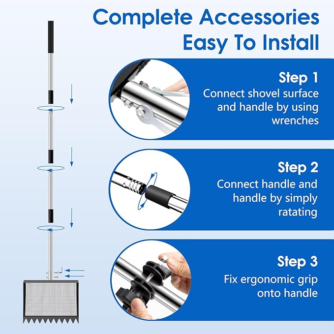 Chicken Poop Scooper & Rake 2-in-1, 32 to 68" Adjustable Stainless Steel Chicken Litter Scoop with Handle and Glove for Chick Coop Sands Multifunctional Litter Sifting Shovel for Hen Animals House