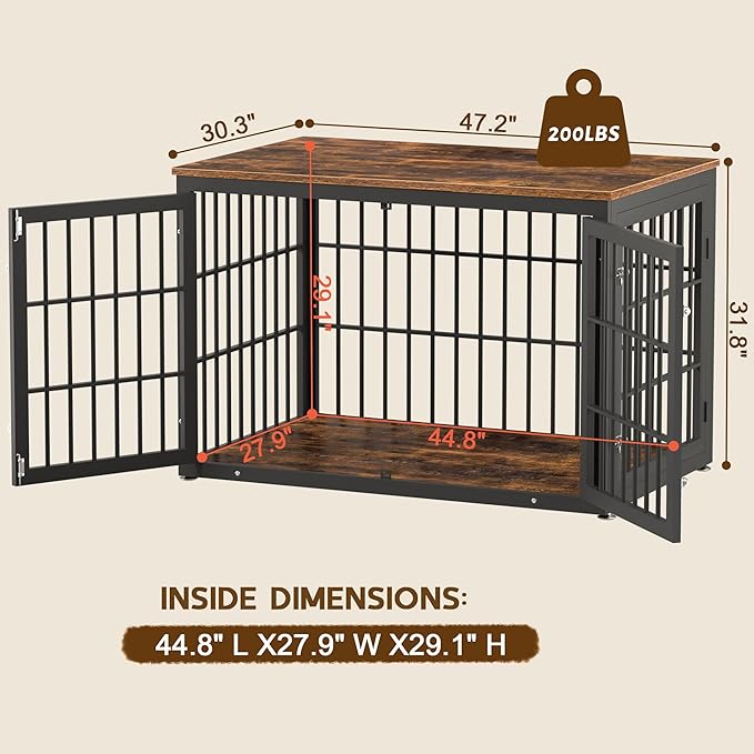 48 Inch Rustic Heavy Duty Dog Crate Furniture for Extra Large Dogs, Decorative Pet House End Table, Wooden Cage Kennel Furniture Indoor, Black and Brown