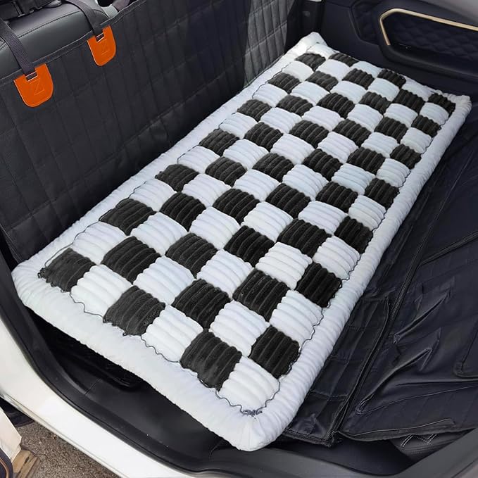 Dog Car Seat Cover for Back Seat, Plaid Backseat Pet Bed Mat, Non-Slip Travel Dog Bed for Backseat Extenders, 24.8" x 54", Black and White