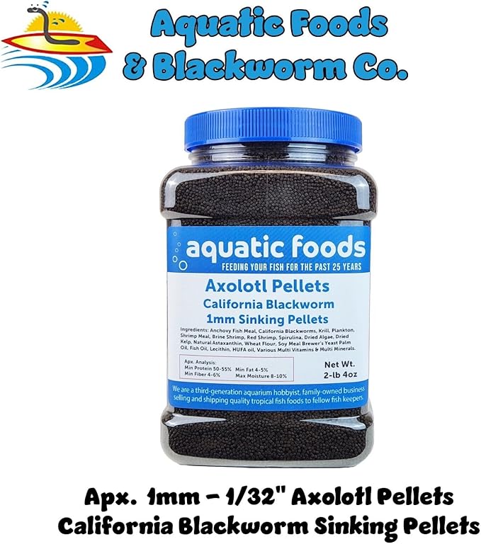 Aquatic Foods Inc. Axolotl Blackworm Pellets. 1mm-1/32 Sinking California Blackworm Micro Pellets for Baby Axolotl, Frogs, Shrimp, Salamanders, Newts, Snails…2-lbs 4oz Jar