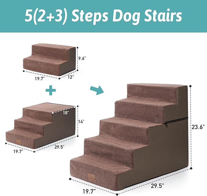 Dog Stairs for Small Dogs, 5 Tier Removable Wider Pet Stairs for Couch and Bed, 23.6" H Non-Slip Dog Steps for Puppies and Old Cats with Support Board, 29.5x19.7x23.6 inch, Brown