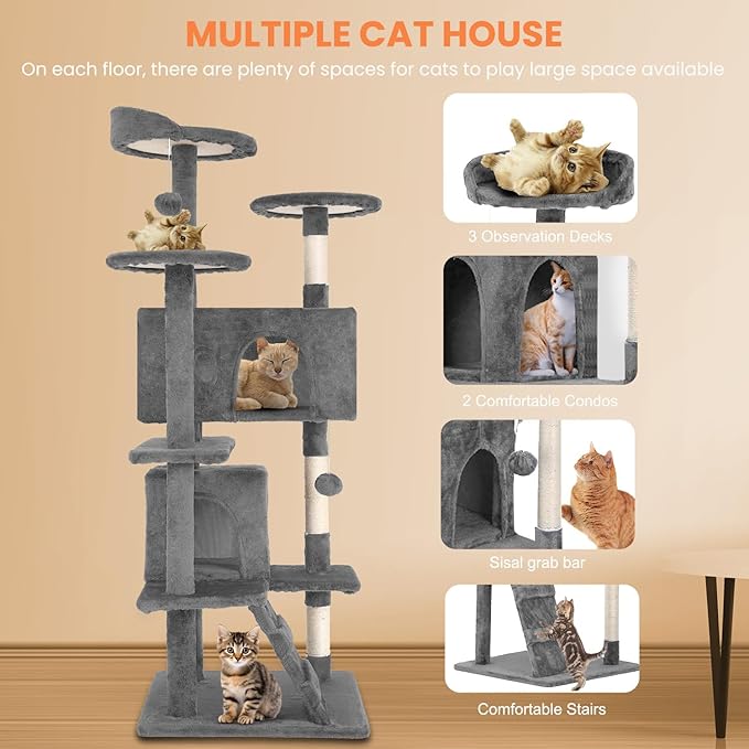 54.7 Inches Cat Tower for Indoor Cats, Multi-Level Cat Condos with Scratching Posts, Hanging Toys, Light Gray