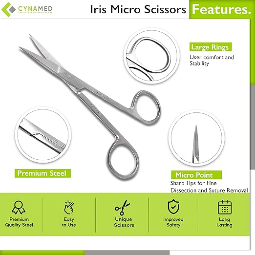 Cynamed Iris Micro Dissecting Precision Lab Scissors, Fine Point Straight - Perfect for Doctors, Nurses, EMS, Students, Education & Training and More (Pack of 5)