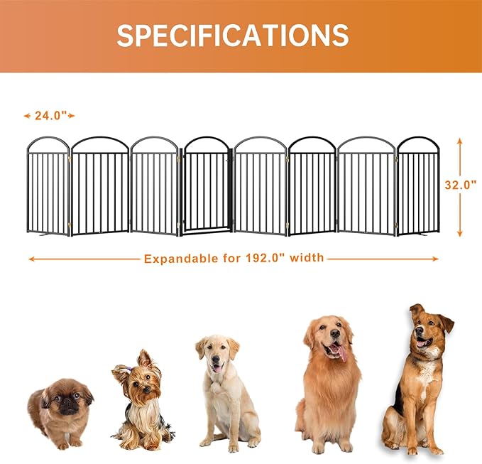 8 Panles Full Matel Freestanding Dog Gates with Door, 192"Extra Wide 32"Tall Free Standing Dog Pet Gate for Indoor & Outdoor. Foldable Pet Fences for Doorways, House, Stairs, Porch, Deck, Yard