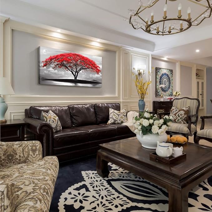 canvas wall art for living room bathroom Wall Decor Black and white landscape red tree moon scenery Hang painting Home Decorations for office bedroom kitchen Works canvas Prints pictures 24" x 48"inch