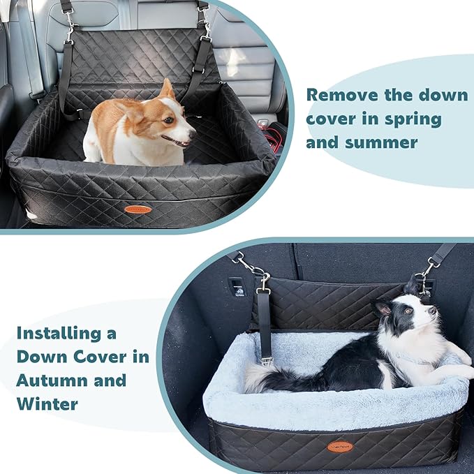 Dog Car Seat for Large/Medium Pet, Anti Slip Bottom Dogs Booster Seat for All Seasons,Pet Travel Bed with Thick Dog Sofa Cushion,2 Safety Leashes(Black)