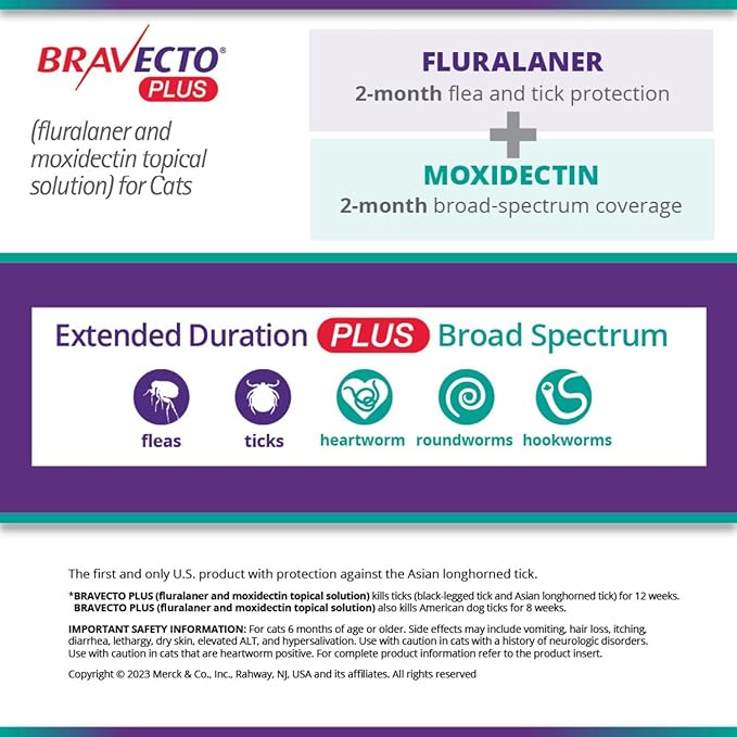 BRAVECTO PLUS Topical Solution for Cats, Flea, Tick & Heartworm, 2 Months Supply, 6.2-13.8 lbs., Blue Box