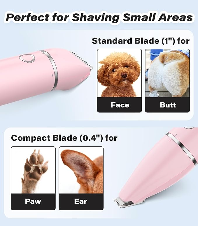 Casfuy Cordless Dog Paw Trimmer - Low Noise Small Dog Clippers with Double Blades USB Rechargeable Grooming Clipper for Dogs Cats and Small Pets for Trimming Hair Around Paws, Eyes, Ears, Face, Rump