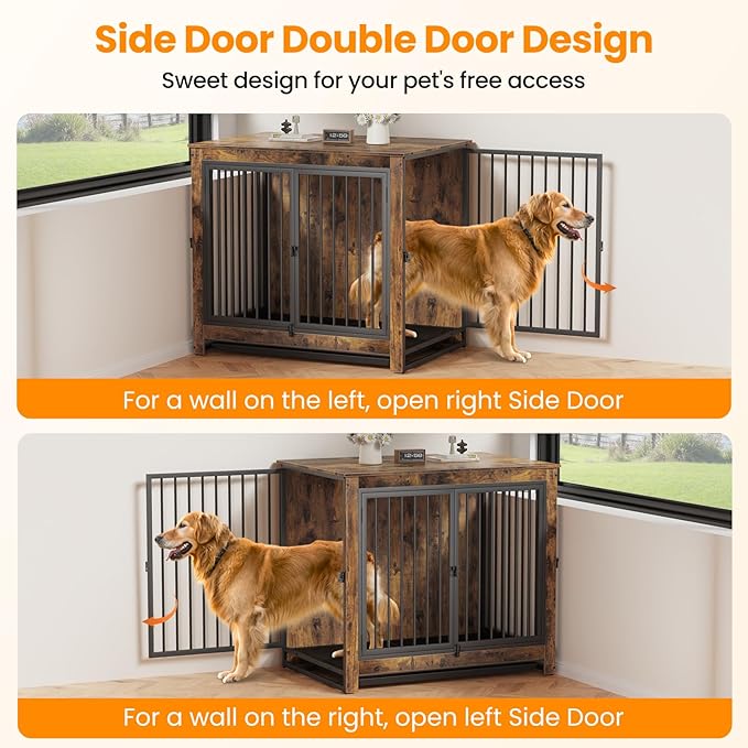 Dog Crate Furniture, Large Dog Crate Furniture, Wooden Cage Kennel Furniture Indoor, Modern Dog Crate with Multi-Purpose Removable Tray, Double-Doors Dog Furniture, Rustic Brown