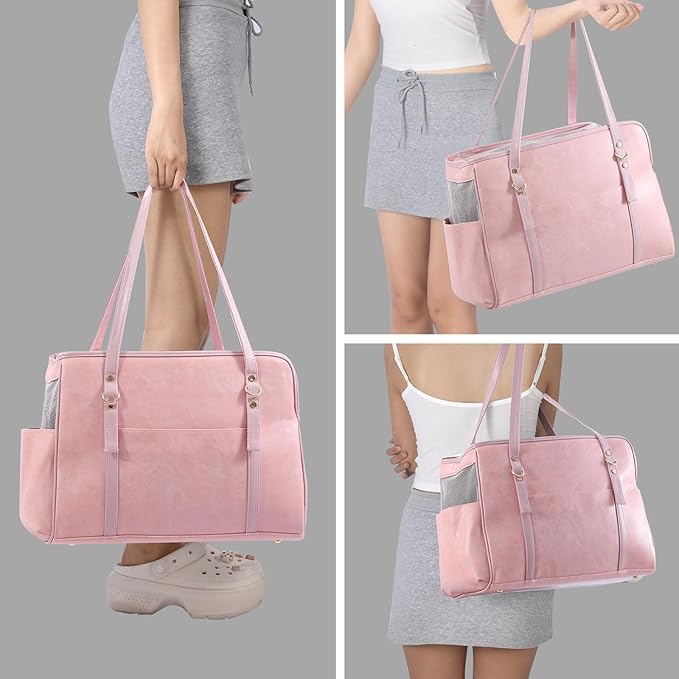 Dog Carrier Purse, Fashion Leather Pet Carrier with Pockets, Airline Approved Soft Sided Dog Carrying Bag for Puppy Cat Dog Pink