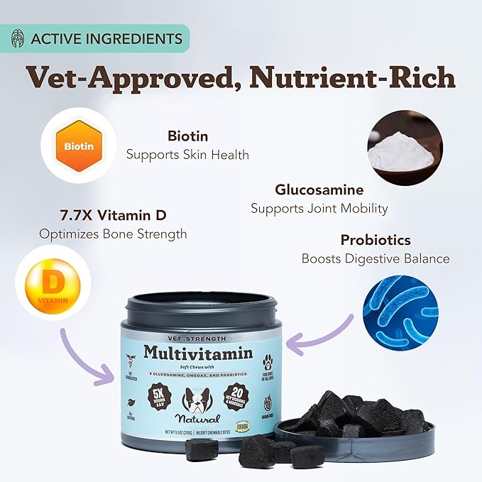 Natural Dog Company Vet Strength Multivitamin Chews for Dogs – Glucosamine, Omega-3 & Biotin for Dogs, Skin & Coat Health, Digestive Health, Immune Support Supplement, Advanced Formula, 90 cnt