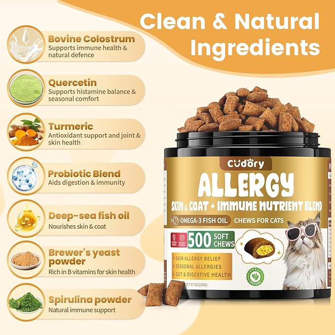 Cat Allergy Relief for Cats, Crunchy & Creamy Chews for Immune & Skin Coat Support – Seasonal Allergies, Itching Relief, Omega 3 & Probiotic Natural Supplement for Cats, Chicken Flavor – 500 Chews