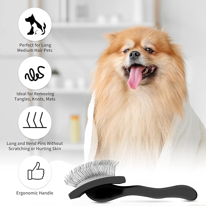 Slicker Brush for Dogs, Long Pin Dog Grooming Brush for Goldendoodles, Poodles, Doodles, Includes Pet Comb & Undercoat Rake, Perfect for De-Shedding, Dematting & Reducing Tangles. Large, Black