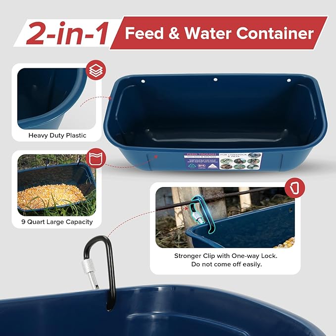 Goovilla Large Feed Trough, Hanging or Screw-in Fence Feeder with Clips, 2 Pack 9 Quart Goat Feeder Supplies, Dog Horse Hog Pig Livestock Poultry Plastic Feeder Trough Bucket for Large Animal, Blue