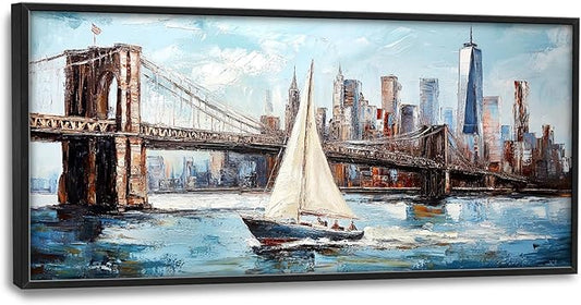 Extra Large Sailboat Framed Wall Art for Living Room,Oversized New York Brooklyn Bridge Pictures Wall Decor,Cityscape Canvas Print Painting Modern Artwork Bedroom Office Bathroom 60L" x 30W"
