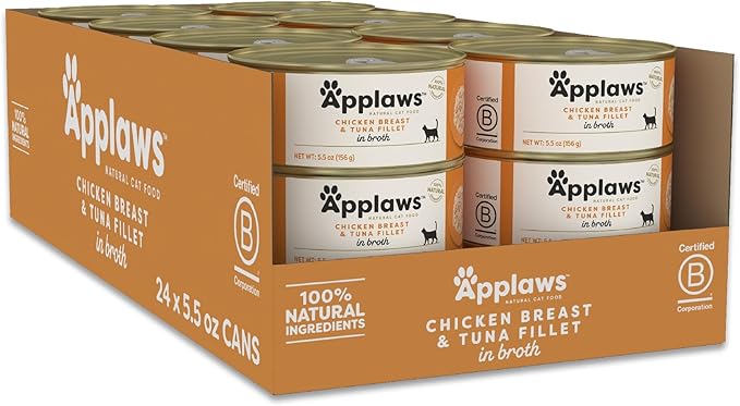 Applaws Natural Wet Cat Food in Broth, Limited Ingredient Canned Wet Cat Food, No Additives, Made with Natural Ingredients, Chicken Breast & Tuna Fillet in Broth (24 x 5.5oz Cans)