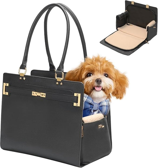 2-in-1 Stylish Dog Purse Carrier Soft-Sided Carriers Travel Tote Bag for Small Dogs Cats, Fashion Foldable Pet Bag for Puppies Small Animals with Pockets (Black, 15" L x 7.5" W x 12.2" H)