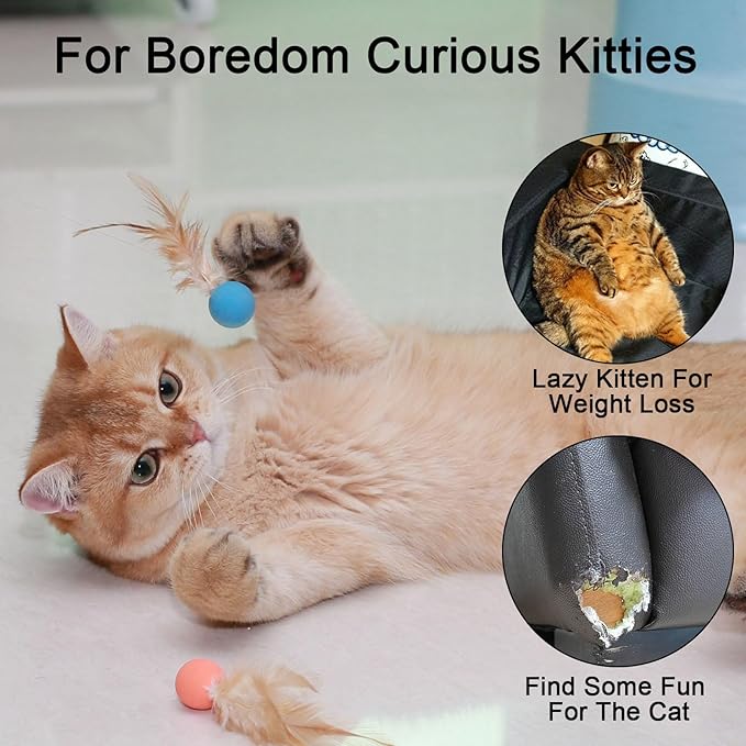 Cat Toys Balls with Feathers, 3 Pcs Interactive Cat Bouncy Balls for Indoor Cats and Playful Kittens, Rubber Kitten Ball Toys for Interactive Playing, Chase Training and Hunting Exercise